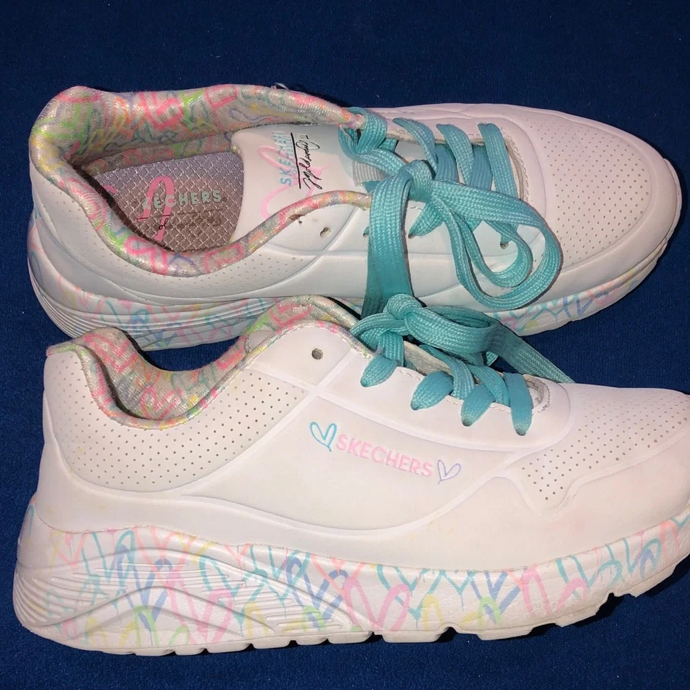 Skechers Kids White Sneakers with Aqua Laces and Pastel Accents